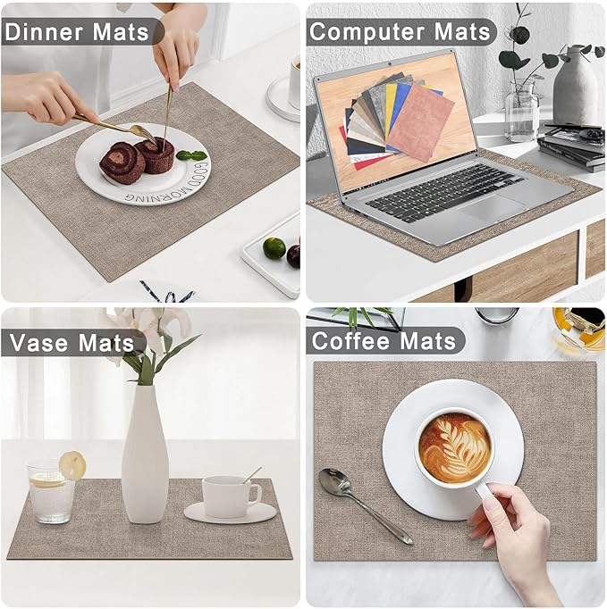 Homaxy Faux Leather Heat Resistant Placemats for Dining Table Set of 6, Waterproof Wipeable Washable PU Table Mats, Easy to Clean Anti-Slip Place Mats, 11.8" x 17", Light Brown