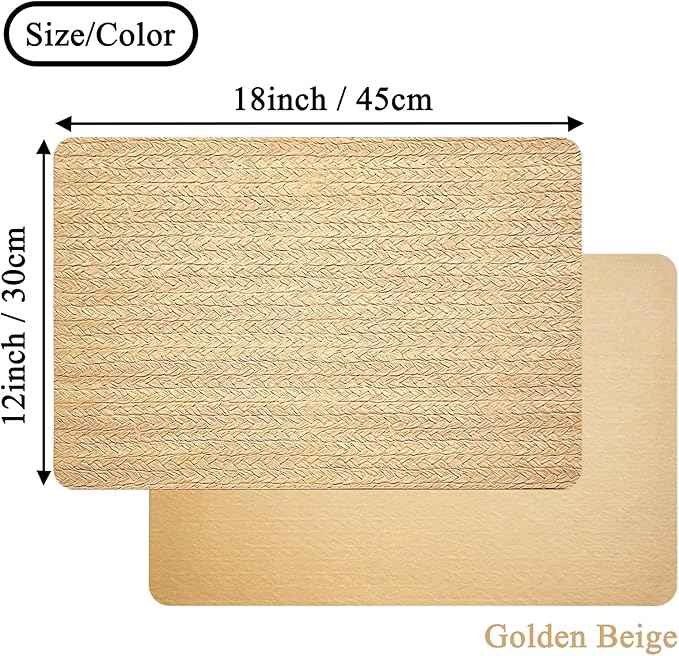 PIGCHCY Waterproof PVC Place Mats Set of 6, Non-Slip Faux Leather Placemats Rattan Pattern Surface Table Mats for Wedding/Birthday Party/Kitchen (18"x12", Golden Beige)