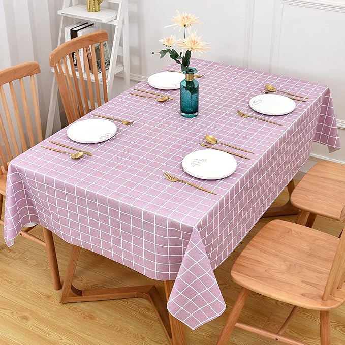 Romanstile Rectangle Vinyl Tablecloth, 100% Waterproof Oil-Proof Checkered Plastic Table Cloth, Heavy Duty Wipeable Table Covers for Dining, Camping, Picnic, Outdoor - 60 x 102 Inch, Pink