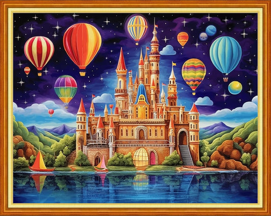 Foxhool Beginners Cross Stitch Kits Stamped Full Range of Embroidery Kits for Adults DIY Cross Stitches kit Embroidery Patterns for Needlepoint kit-Hot air Balloon Castle 16x20 inch