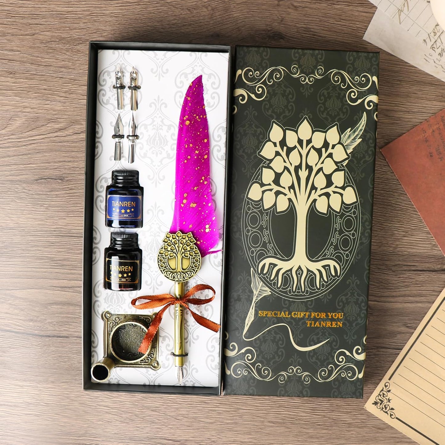 Feather Pen and Ink Set,quill pen ink set,Antique Calligraphy Pen with 4 Replaceable Nibs,2 Bottle of ink,Pen Holder Christmas Gift for Men&Women.(Purple)