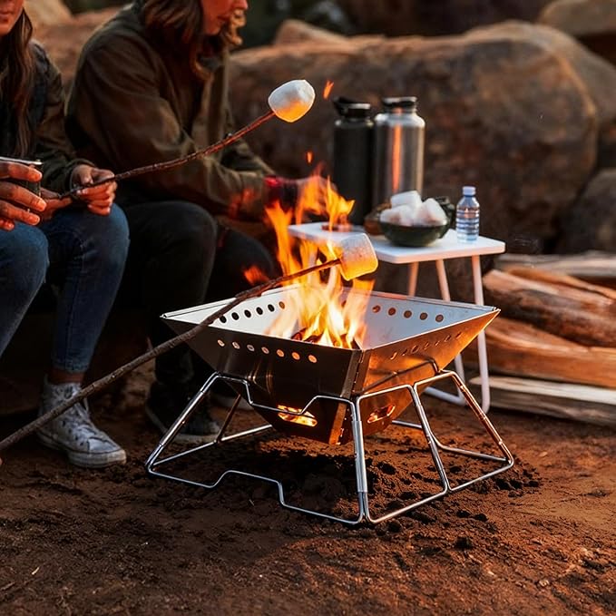Lineslife Foldable Fire Pit with Grill for Camping Collapsible Portable Fire Pit with Campfire Grill & Tote Bag for Backyard, Patio, Picnic, BBQ