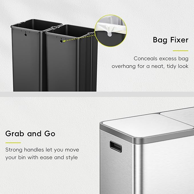 EKO EcoCasa Plus 2 x 10.6 Gal Dual Recycling Trash Can for Kitchen, Large Stainless Steel Step-On Garbage Can with Soft-Close Lids, Odor-Proof and Fingerprint-Resistant, Removable Buckets with Handles