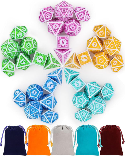 CiaraQ DND Dice with 5 Pouches, 5 Sets of Retro Polyhedral Dice for MTG D&D Board Games, 35 Pieces Role Playing Dice