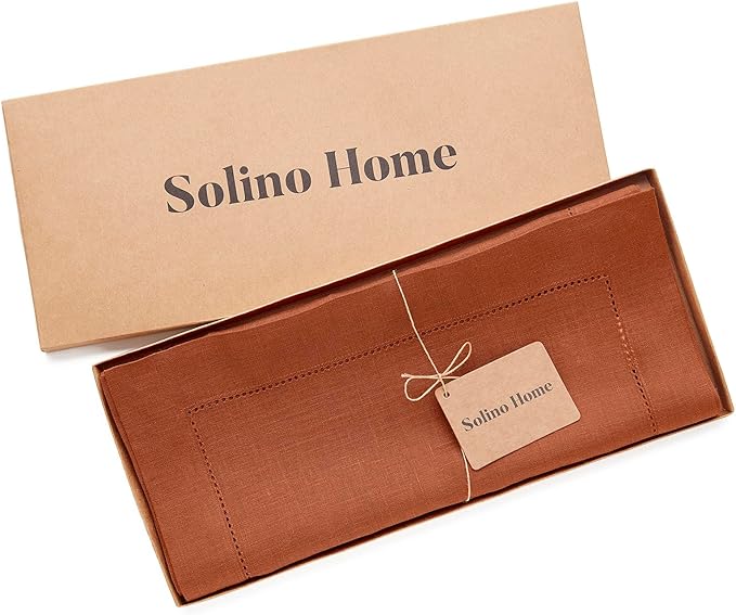 Solino Home Linen Cinnamon Table Runner 72 Inches Long - 100% Pure Linen Hemstitch Table Runner 14 x 72 Inch for Dresser, Dining - Classic Hemstitch