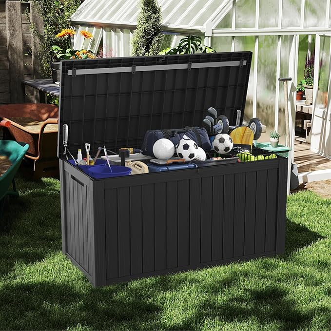 Mars Villa 150 Gallon Deck Box, Waterproof and Weatherproof Large Resin Storage Bin with Lockable Lid, Ideal for, Outdoor, Patio Furniture Cushions, Pool Supplies, Garden Tools, Black