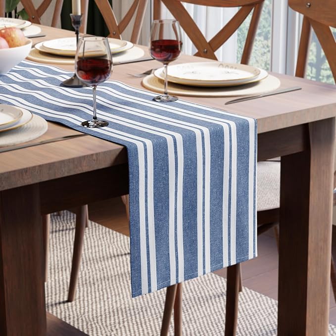 Encasa XO Cotton Dining Table Runner | Franca Blue Stripes | Size 13x48 in - Machine Washable & Durable