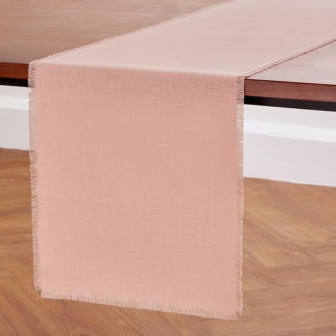 Solino Home Linen Misty Pink Table Runner 36 Inches - Fringe, 100% Pure Linen Short Table Runner 14 x 36 Inch Ideal for Dresser and Coffee Tables, Valentines, Spring, Easter