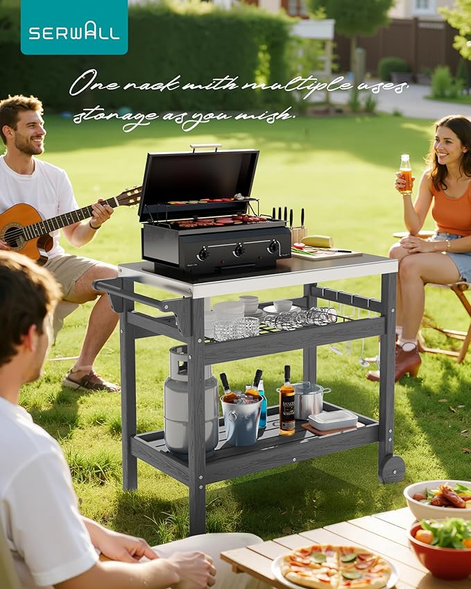 SERWALL Outdoor Grill Cart Pizza Oven Stand Trolley Table with Wheels Three-Shelf Movable Food Prep and Work Table, Grey