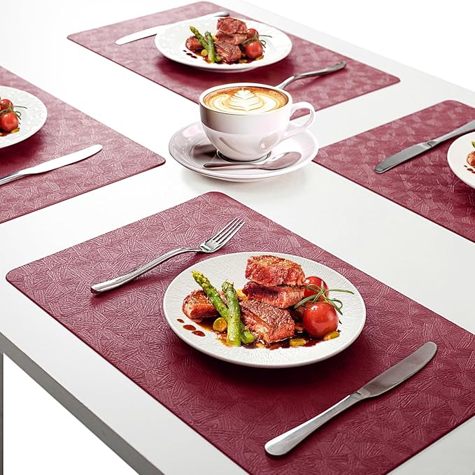 Vinyl Placemats Set of 8 Faux Leather 100% Waterproof Wipeable Washable Place Mats Heat Resistant Easy Clean Non-Slip Table Mats for Indoor Outdoor. (8,Red)