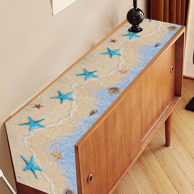 Summer Beach Table Runner, Nautical Starfish Coastal Seashell Ocean Blue Sea Seasonal Coffee Table Center Decor for Home Kitchen Dining Patio Holiday Party Table Decorations 13"x108"