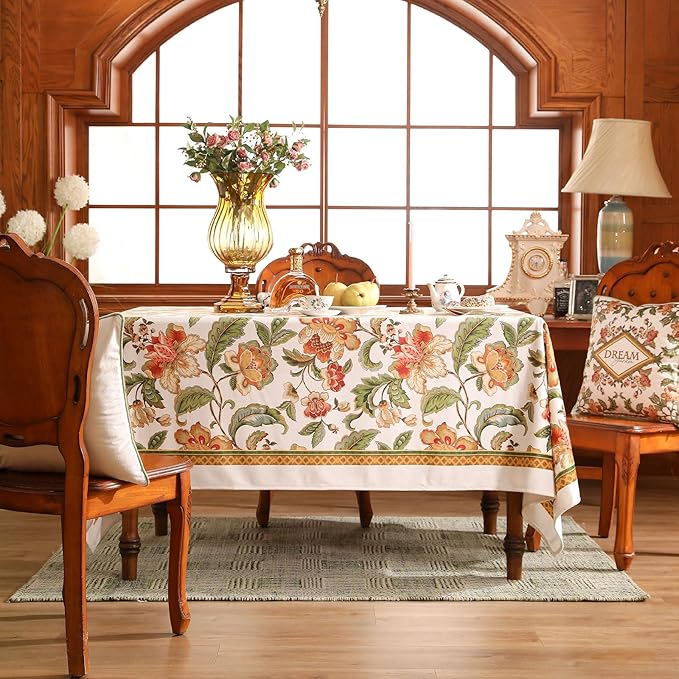patdrea Designer Vintage Linen Rectangle Tablecloth,Provencal Rustic Floral Pattern Tablecloths,Decorative Table Cover Cloth for Kitchen,Dining Room,Tea Party,Home,Christmas,63"*87"