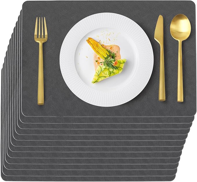 Vinyl Placemats Set of 12 Faux Leather 100% Waterproof Wipeable Washable Place Mats Heat Resistant Easy Clean Non-Slip Table Mats for Indoor Outdoor. (12,Gray)