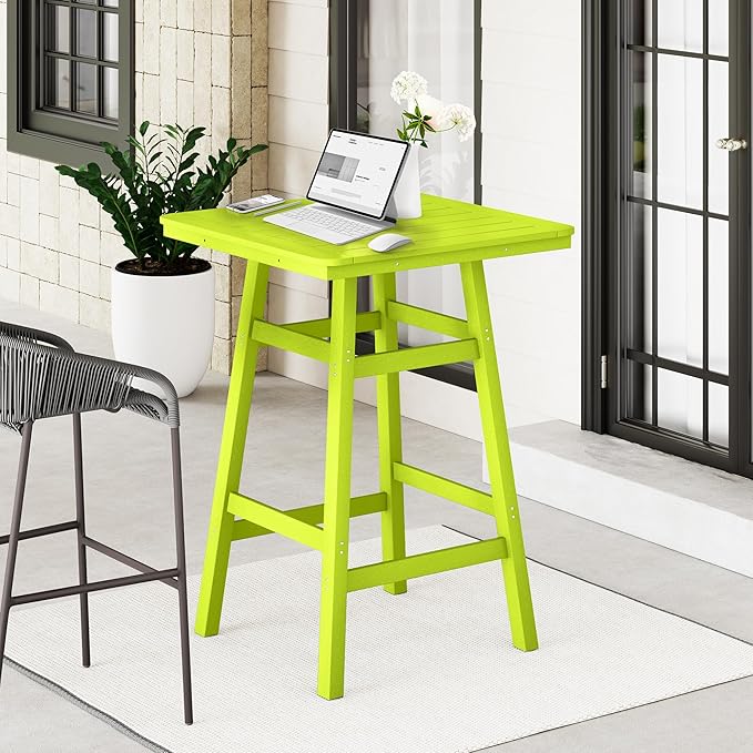 Costaelm Outdoor Bar Table, 42" Counter Height Square Patio Cocktail Bar Table with Umbrella Hole, Patio Bistro Dining Pub Table for Front Porch Deck Backyard Garden, Lime