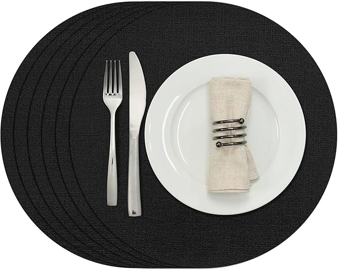 Myir JUN Round Placemats, Dual Sided Faux Leather Place Mats Set of 6 Indoor/Outdoor Non-Slip Washable Table Mats (Black, 6 Pack)