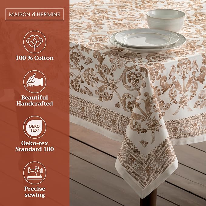 Maison d' Hermine Table Cloth Rectangle Table 100% Cotton 60 x 108 Inches Fall Tablecloth Reusable Everyday Use for Thanksgiving Christmas Decorations Dining Farmhouse Party (Allure)