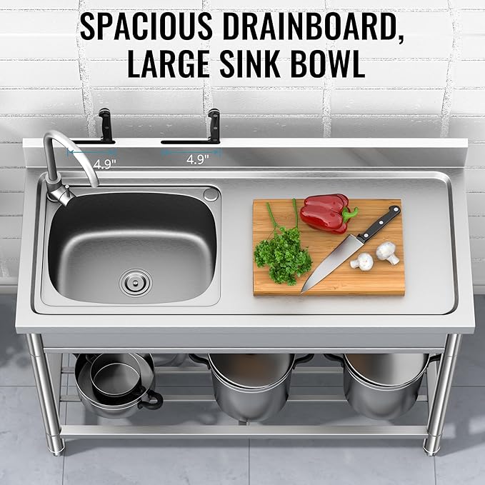Stainless Steel Sink, Free Standing Kitchen Sink with Countertop Workstation, Utility Sink Single Bowl with Cold and Hot Water Pipe for Kitch Laundry Room Garage Farmhouse Indoor Outdoor (39 Inch L)