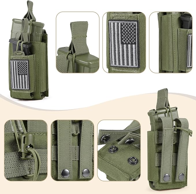 Open-Top Single/Double/Triple Molle Mag Pouch for 5.56mm M4 M16 AK AR Glock M1911 9mm Elastic Rifle Magazines Pistol Mag Pouches Holder Carrier with USA Flag Patch