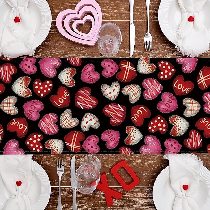 Valentines Day Decorations Table Runner Love Hearts Black Kitchen Dining Table Decor Holiday Anniversary Indoor Outdoor Party Suppies 72×13 Inch