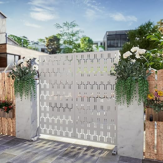 Casaphoria Metal Privacy Screen Outdoor, 72" H x 47" W Freestanding Decorative Privacy Screen for Patio Deck Balcony Garden with Stable Base, White-Square