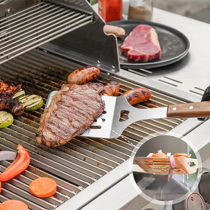 onlyfire 5PCS BBQ Tools, Heavy Duty Grill Kit with Wood Handles for Outdoor Camping, Multifunctional Griddle Utensil Set Including BBQ Spatula, Barbecue Tong, Meat Fork and Grate Liftes