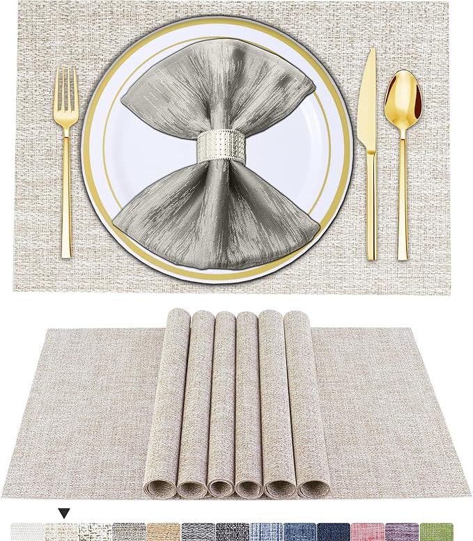 BETEAM Placemats Set of 6, Woven Vinyl Placemat for Dining Table Washable Wipeable Kitchen Place Mats Durable Indoor Outdoor Table Mats