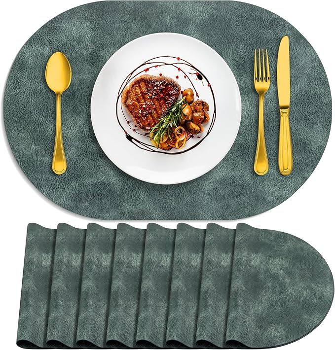 ADRIMER Placemats, Heat Resistant Oval Placemats Set of 8 Washable 12 x 17 Inch, Waterproof Table Mats, Wipeable Pu Place Mats for Kitchen, Dining Room, Blue & Green