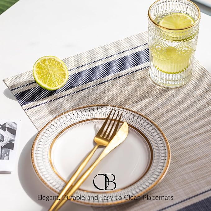 Placemats Set of 12 - Easy Clean Woven Vinyl Placemats for Dining Table, Indoor/Outdoor Place Mats, Washable PVC Table Mats（Blue Skyline）