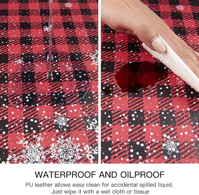QIYI Christmas Placemats Set of 6, 12x18 Inch Faux Leather Place Mats for Kitchen Dinning, Heat Resistant Non Slip Winter Table Mats, Waterproof Wipeable Placemat Party Décor, Buffalo Plaid Snowflakes