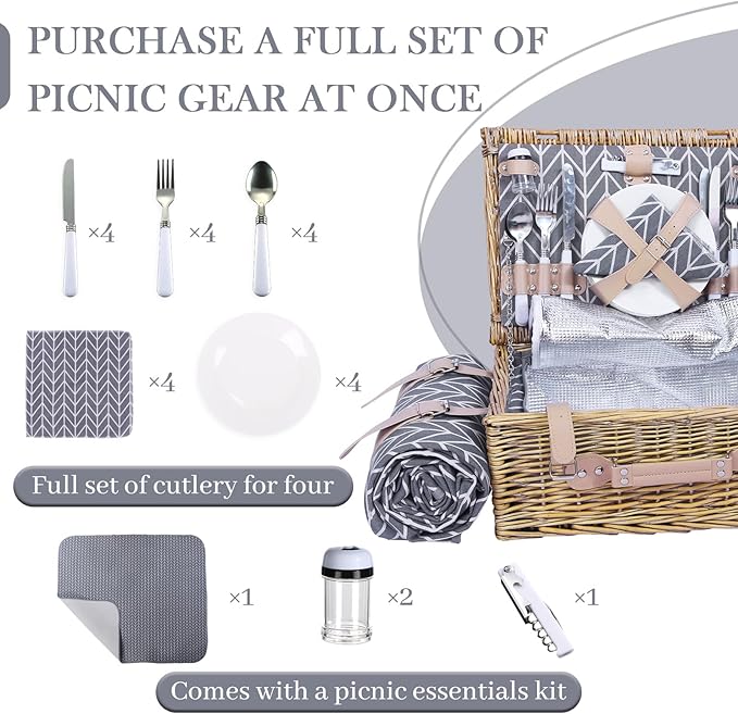 Neti Neti Wicker Picnic Basket for 4 with Insulated Cooler & Waterproof Blanket – Large Willow Picnic Hamper for Outdoor, Camping, Beach, Romantic Dates, Valentine’s Day