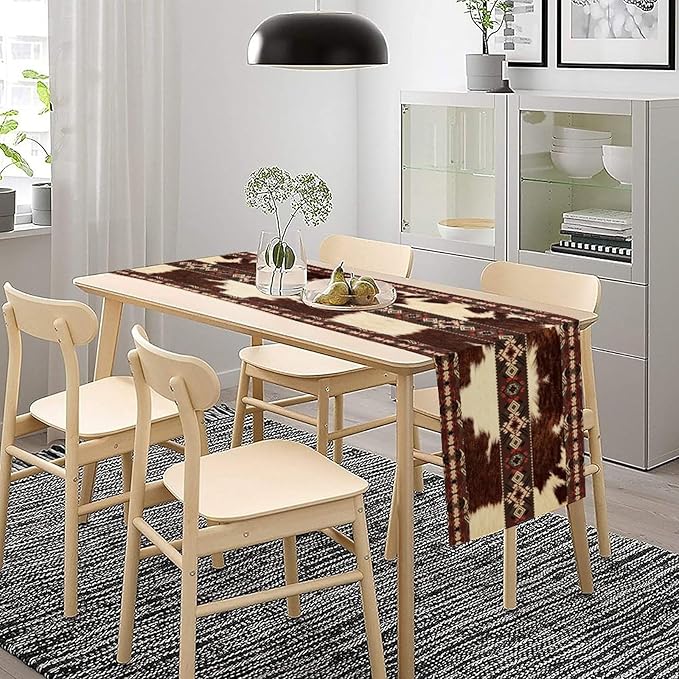 Cowhide Table Runner, Brown Cow Western Exotic Aztec Wild Animals Skin Table Runner for Kitchen Farmhouse Dining Home Outdoor Party 13x70in