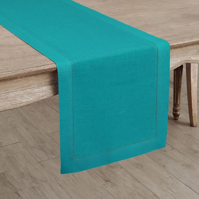 Solino Home Linen Teal Table Runner 156 Inches Long - 100% Pure Linen Extra Long Table Runner 14 x 156 Inch - Classic Hemstitch