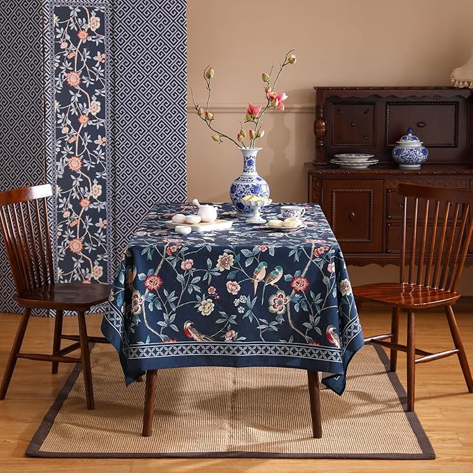 patdrea Designer Dark Blue Linen Rectangle Tablecloth,Vintage Navy French Floral and Birds Pattern Table Cloth,Decoration Table Cover for Kitchen,Dining,Tea Party,Home,Christmas,55"*71"