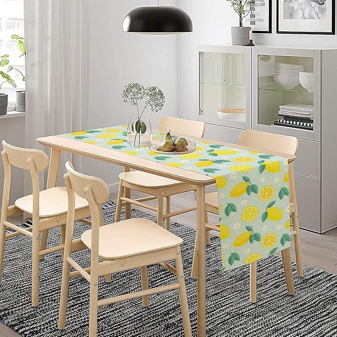 Spring Lemon Table Runner, Summer Seasonal Green Leaves Flowers Yellow Fruit Print Table Runner for Farmhouse Kitchen Dining Table Home Party Decor 13x60in