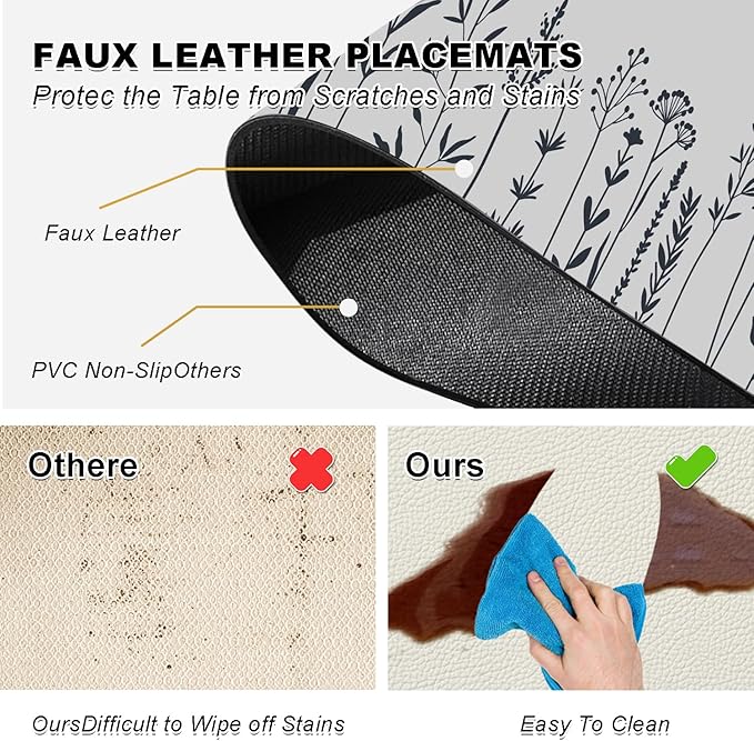 Flower Placemats Set of 4 - Spring Floral Faux Leather Heat Resistant Placemats for Dinner Table, Non-Slip Waterproof Oil-Proof Washable Reusable Placemat for Indoor Outdoor Kitchen, 15.75In*11.81In