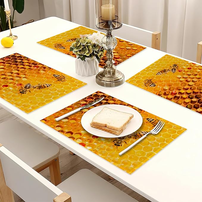 Honey Bee Placemats Set of 6 Linen Heat Resistant,Yellow Honeycomb Table Mats Washable Rustic Place Mats Decoration for Home Kitchen Dining Room Party 12x18 Inch