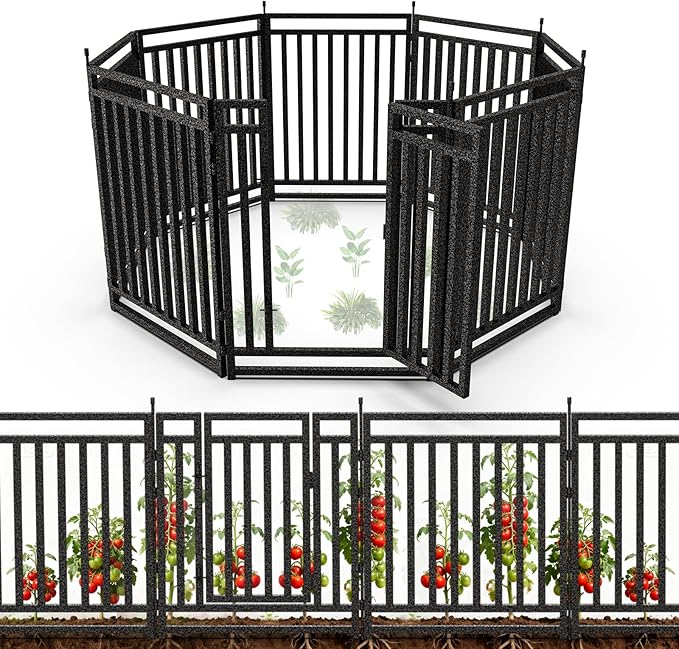 Garden Fence 32in (H) x 18ft (L), 7 Panels + 1 Gate, Durable Outdoor Yard Barrier, Secure Garden Fencing Weather-Resistant Fence Ideal for Pets, Privacy & Decoration, Black Silver