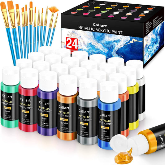 Acrylic Paint Set With 12 Brushes, 24 Colors (59ml, 2oz) Art Craft Paints for Adults Artists Beginners Painters, Canvas Halloween Pumpkin Ceramic Wood Rock Painting Art Supplies (Metallic)