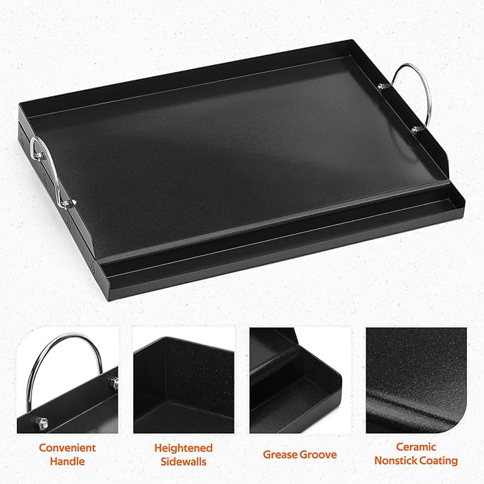Onlyfire Universal BBQ Griddle with Handles for Charcoal/Gas Grills, Ceramic Coated Non-stick Flat Top Griddle for Outdoor Cooking, 23" x 16"