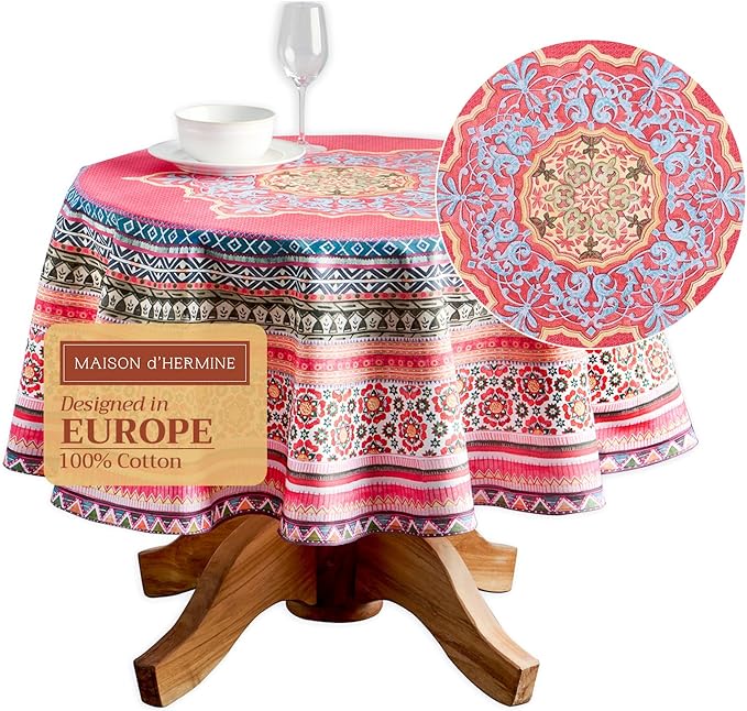 Maison d' Hermine Table Cloth Round Table 100% Cotton 69 Inches Fall Tablecloth Reusable Everyday Use for Thanksgiving Christmas Decorations Dining Farmhouse Party (Ispahan)
