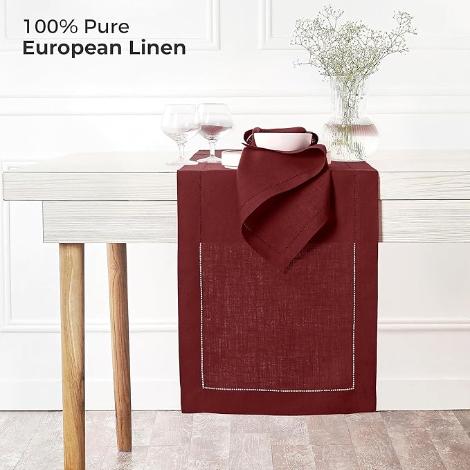 D'Moksha Homes Linen Dark Red Table Runner 72 Inches Long - 100% Pure Linen Hemstitch Table Runner 14 x 72 Inch for Dresser, Dining, Valentines, Spring - Classic Hemstitch