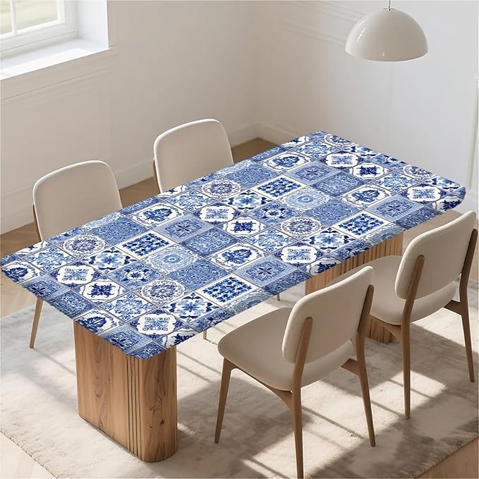 Rectangle Table Cloth Cover Waterproof Elastic Fitted Polyester Fitted Tablecloths for 8 Foot Tables for Indoor,Picnic, Camping, Outdoor （96" x 30"，Bohemia）