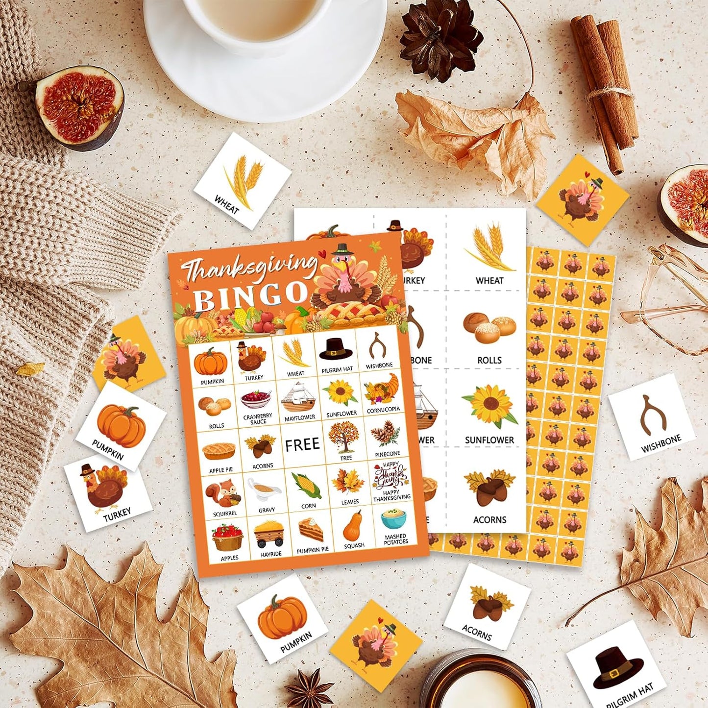 Thanksgiving Bingo Game Cards, Autumn Party Games, 24 Players Thanksgiving Bingo Games for Teens Adults, Thanksgivings Game Supplies for Family Classroom