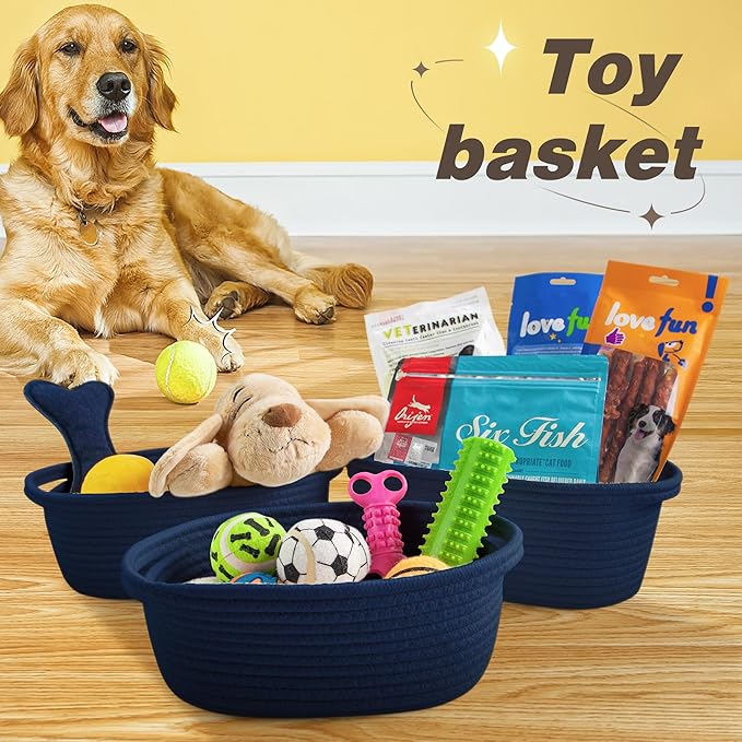 Pro Goleem Small Woven Basket with Gift Bags and Ribbons Durable Baskets for Gifts Empty Small Rope Basket for Storage 12"X 8" X 5" Baby Toy Baskets with Handles, Navy Blue