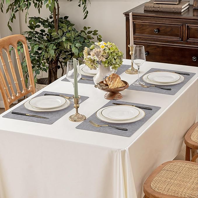 Romanstile Vinyl Placemats Set of 4-12 X 18 Inch - Heat Resistant Non-Slip Embossed Floral Place Mats 100% Waterproof Oilproof Wipeable Faux Leather Table Mats for Kitchen/Dining/Party, Grey