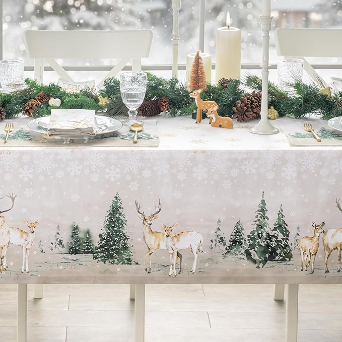 Maison d' Hermine Table Cloth Rectangle Table 100% Cotton 70 x 108 Inches Fall Tablecloth Reusable Everyday Use for Thanksgiving Christmas Decorations Dining Farmhouse Party (Deer in The Woods)
