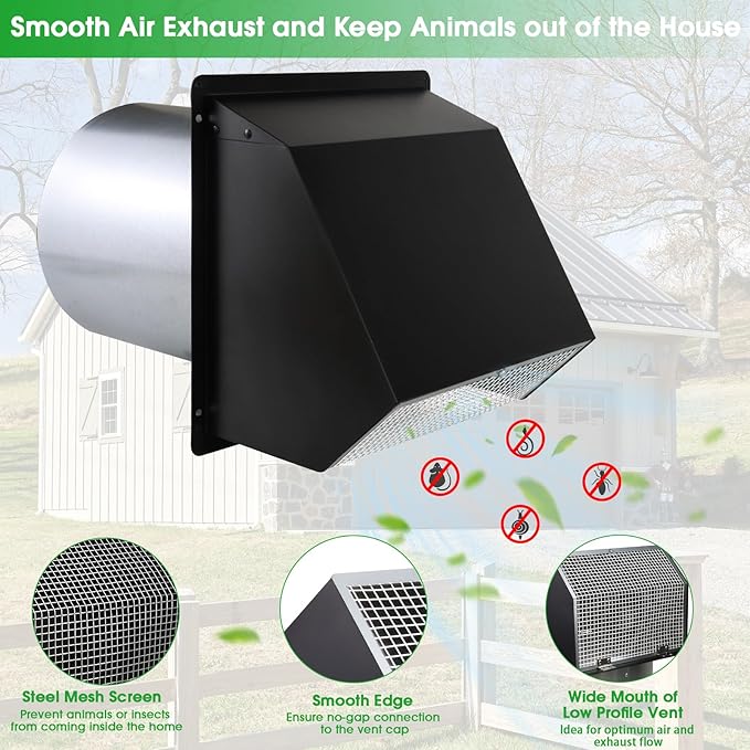 5 inch dryer Vent Cover Exterior Wall Vent Hood Outlet Airflow Vent Dryer exhaust vent with Screen and Damper,Outdoor Dryer Vent Cover cap for Range Hood/Kitchen Air Ventilation,Galvanized Steel,Black
