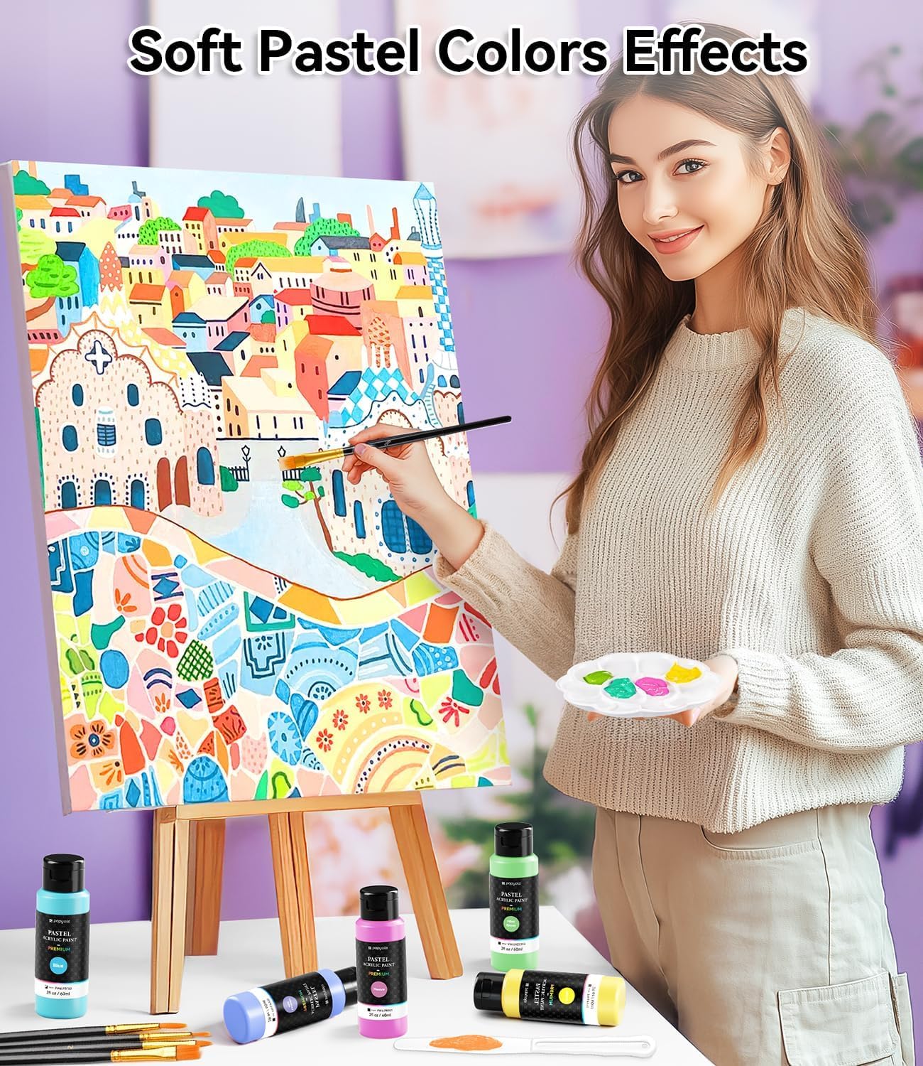 64 PCS Pastel Acrylic Paint Set with 12 Brushes, 2 Knives & Palette, 48 Colors (2oz/60ml) Art Craft Paint for Adults Kids Artists Beginners, Halloween Pumpkin Canvas Ceramic Rock Painting Kit