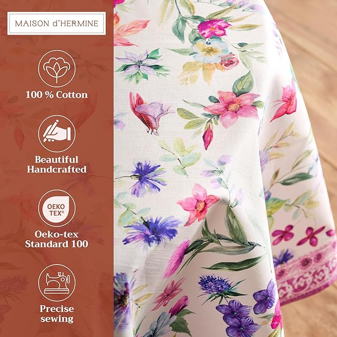 Maison d' Hermine Table Cloth Round Table 100% Cotton 63 Inches Tablecloth Reusable Decorative Everyday Use for Dining Room, Farmhouse, Home, Party, Festive & Wedding Spring Summer - Chardon