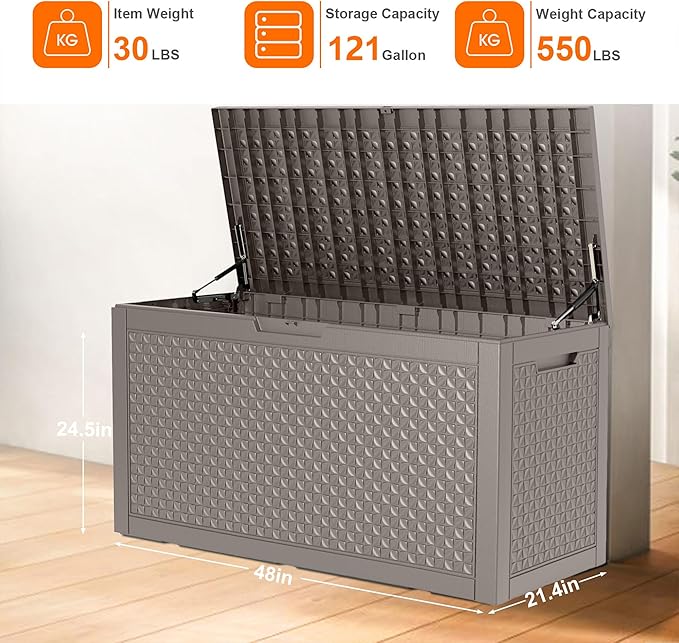 EasyUp 121 Gallon Outdoor Storage Box Waterproof, UV Resistant Resin Deck Box with Hydraulic Rod, Reinforced Stability for Patio, Garden, Quad Leaf Grey